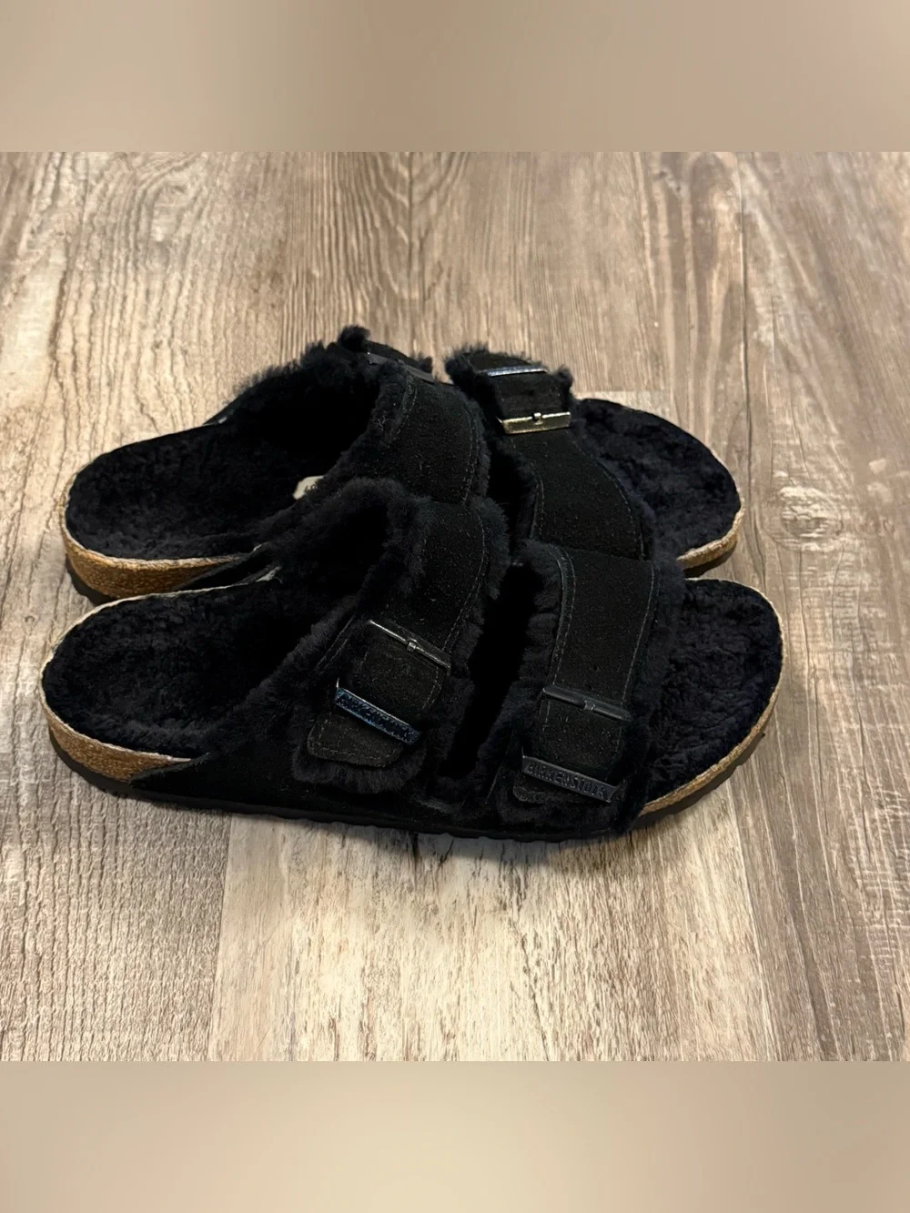 Birkenstock Arizona Shearling Sandals – Black Suede Unisex Size 40